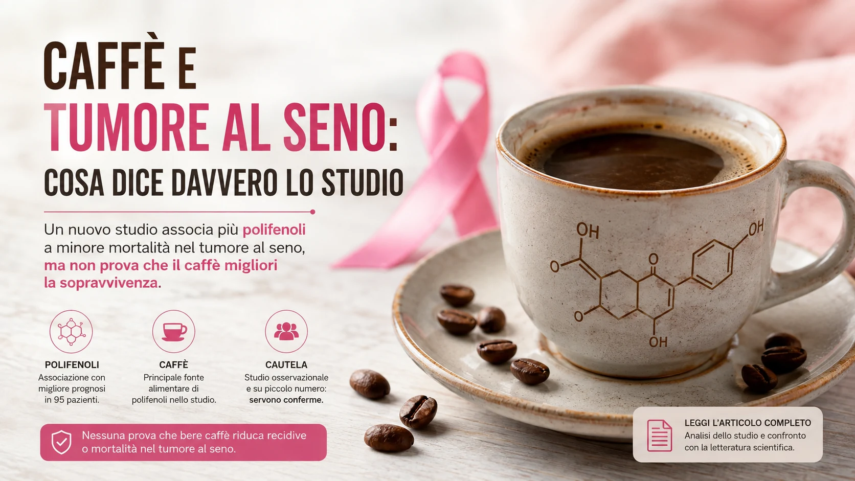 caffè, tumore al seno, carcinoma mammario, polifenoli, acidi fenolici, lignani, mortalità, recidiva, alimentazione, sopravvivenza oncologica