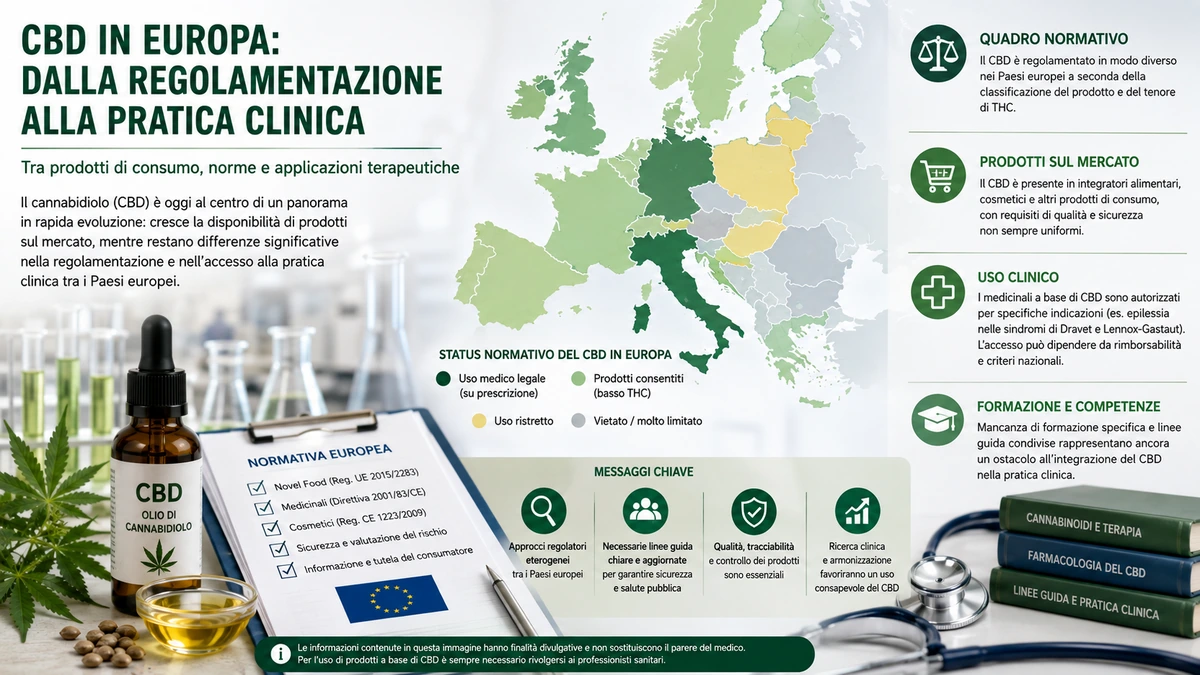 Regolamentazione del CBD in Europa tra prodotti contenenti cannabidiolo, normativa e pratica clinica Titolo WordPress: CBD in Europa: regolamentazione e pratica clinica.