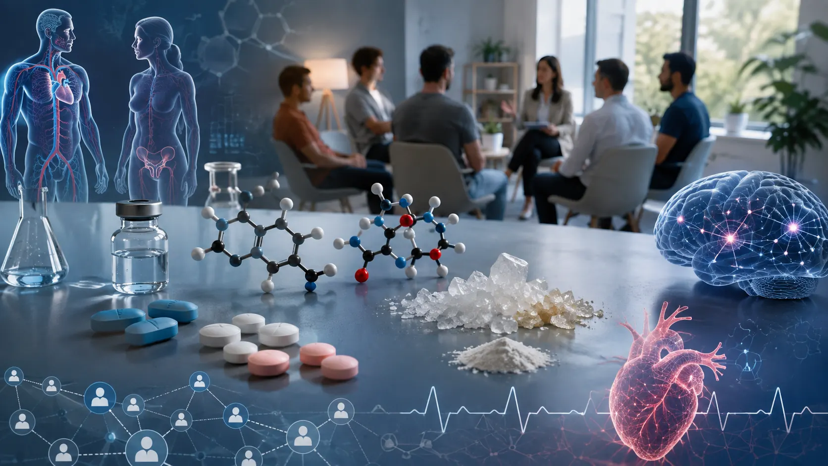 Institutional scientific editorial image, focused on chemsex and the connection between pharmacology, sexual health and healthcare interventions. Elegant, realistic composition: an abstract clinical surface with schematic molecules and pharmaceutical tablets suggesting PDE5 inhibitors, GHB/GBL and stimulant substances, without commercial brands and without depicting explicit drug consumption. In the background, stylized adult figures participating in a healthcare group counseling session facilitated by a health professional. Subtly integrate visual elements suggesting neural connections, cardiovascular physiology, sexual health and support networks. Serious, scientific, preventive and non-stigmatizing atmosphere. High-quality editorial photorealism, clean lighting, restrained professional tones, no text, no logos, no sensational imagery, no nudity.