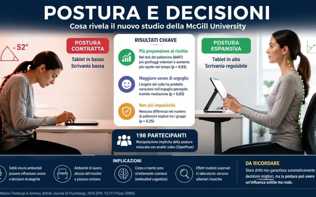 Postura e decisioni sono davvero collegate? Analizziamo lo studio McGill 2026, i risultati sul rischio e i limiti scientifici delle conclusioni.