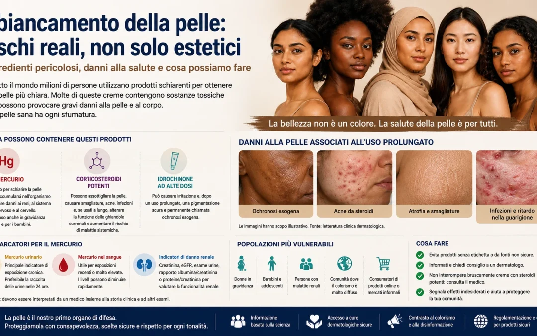 rischi prodotti schiarenti, mercurio nei cosmetici, corticosteroidi topici, idrochinone, ocronosi esogena, colorismo, tossicità renale, soppressione surrenalica, creme sbiancanti