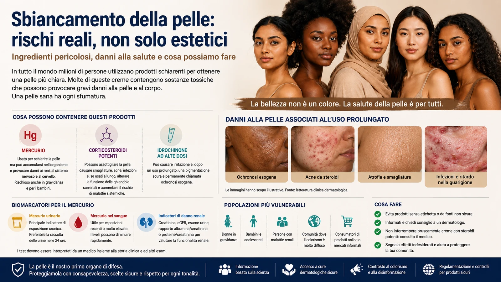 rischi prodotti schiarenti, mercurio nei cosmetici, corticosteroidi topici, idrochinone, ocronosi esogena, colorismo, tossicità renale, soppressione surrenalica, creme sbiancanti