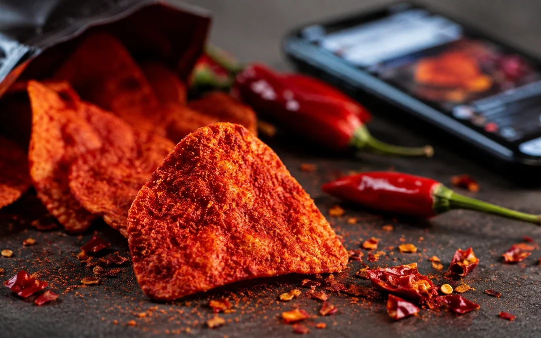 Patatina estremamente piccante con peperoncini rossi, simbolo delle challenge online a base di capsaicina.