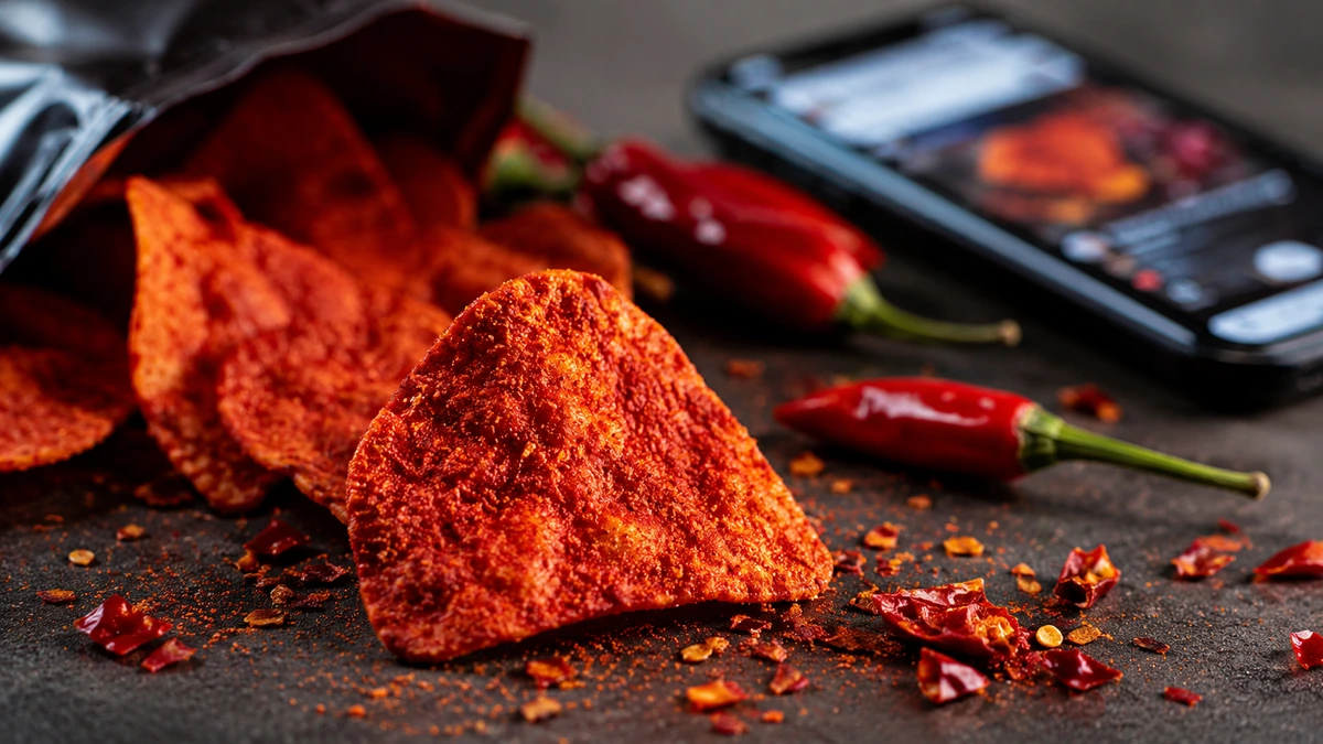 Patatina estremamente piccante con peperoncini rossi, simbolo delle challenge online a base di capsaicina.