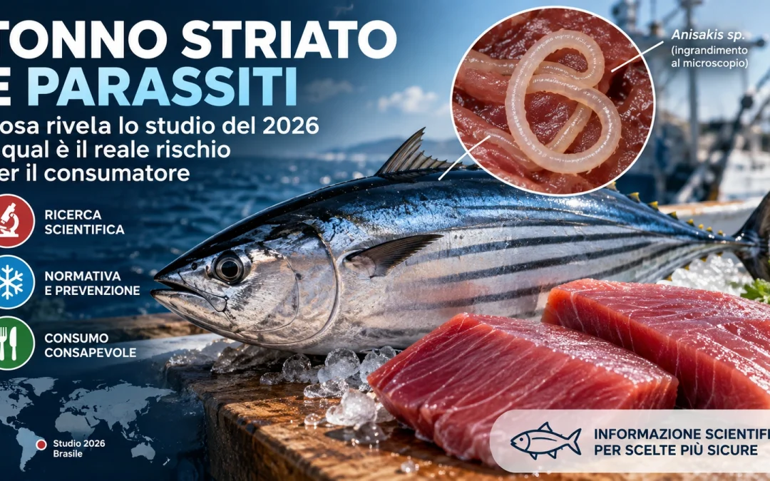 Larve di Anisakis e tonnetto striato in una rappresentazione scientifica sulla contaminazione parassitaria del pesce