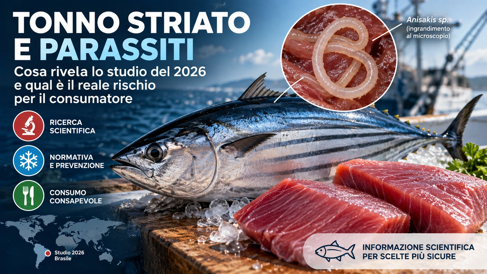 Larve di Anisakis e tonnetto striato in una rappresentazione scientifica sulla contaminazione parassitaria del pesce