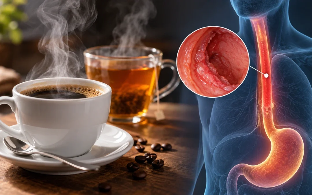 Tazza di caffè molto caldo con vapore, rappresentazione del possibile danno termico alla mucosa dell’esofago