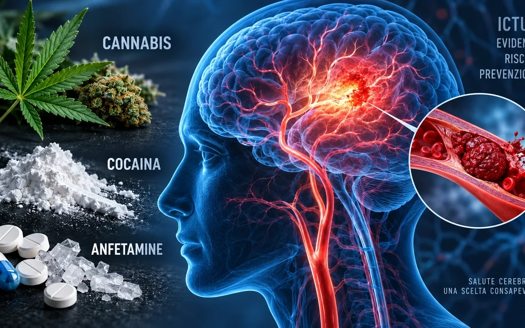 Rappresentazione del cervello e della circolazione cerebrale associata agli effetti cerebrovascolari di cannabis, cocaina e anfetamine