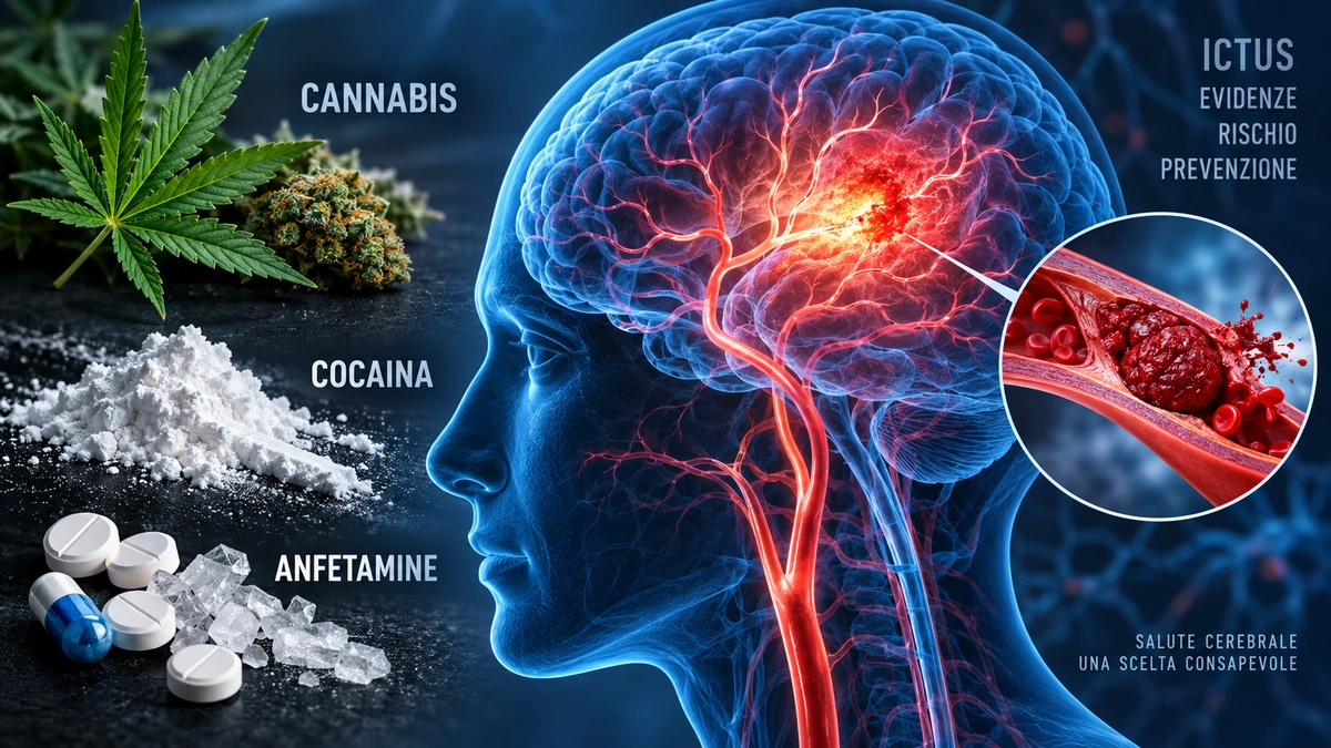 Rappresentazione del cervello e della circolazione cerebrale associata agli effetti cerebrovascolari di cannabis, cocaina e anfetamine