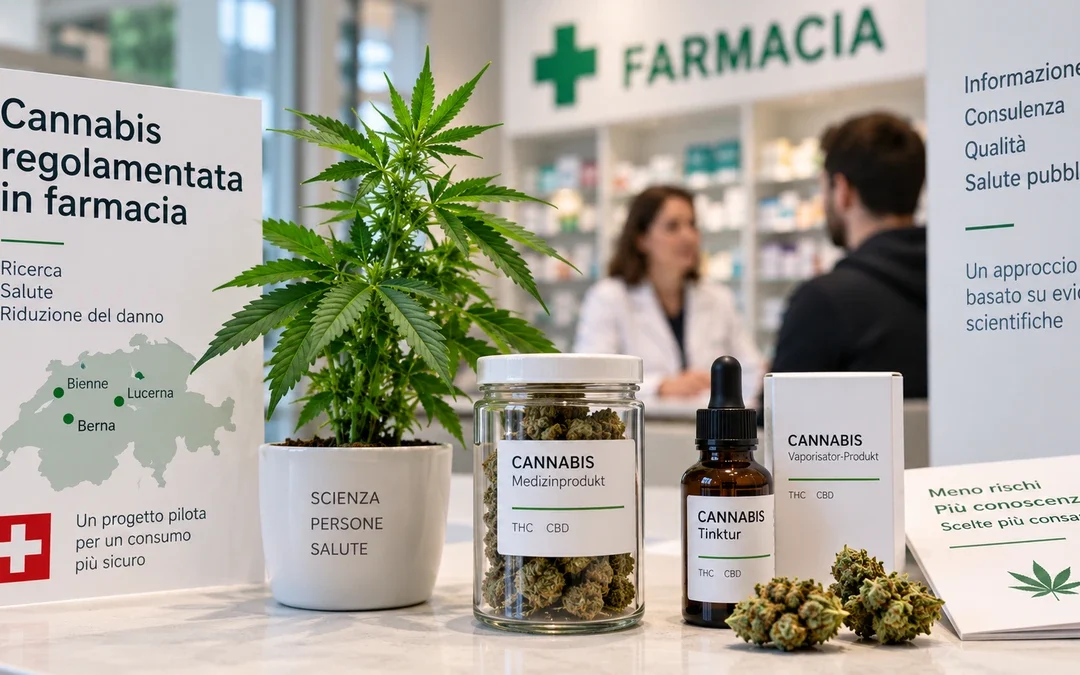 Pianta di cannabis e confezioni farmaceutiche che rappresentano il modello svizzero di vendita regolamentata in farmacia