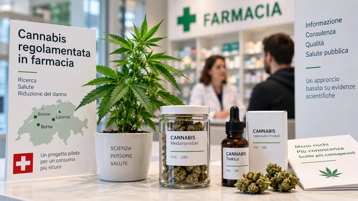 Pianta di cannabis e confezioni farmaceutiche che rappresentano il modello svizzero di vendita regolamentata in farmacia