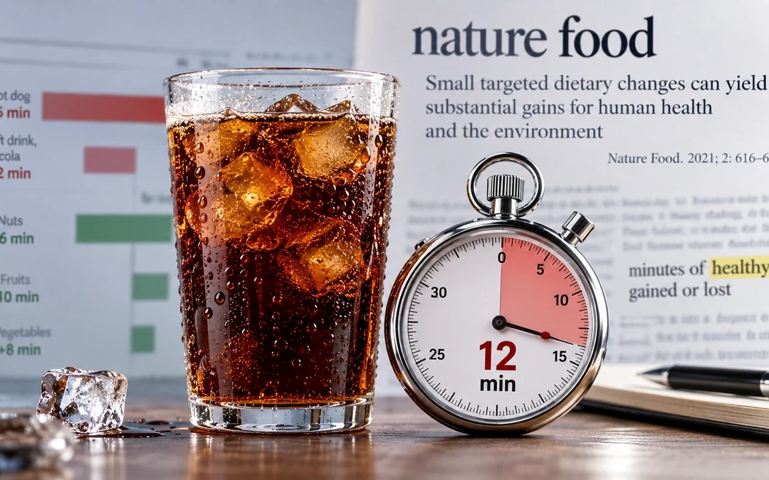 Bibita tipo cola accanto a un cronometro, rappresentazione del dato HENI sui 12 minuti di vita sana