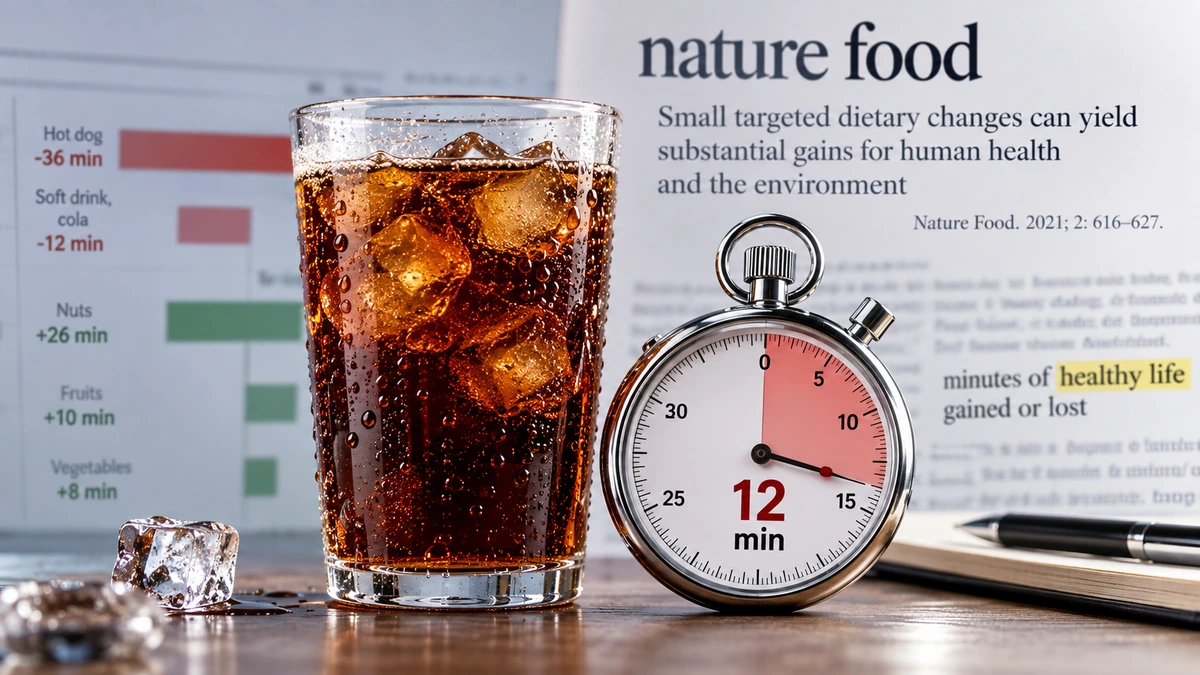 Bibita tipo cola accanto a un cronometro, rappresentazione del dato HENI sui 12 minuti di vita sana