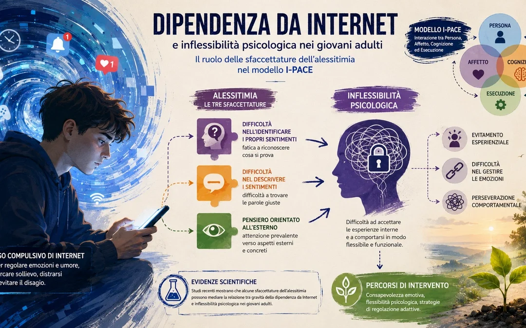 Giovane adulto davanti a uno schermo con rappresentazione delle emozioni e dei processi cognitivi associati all'uso problematico di Internet