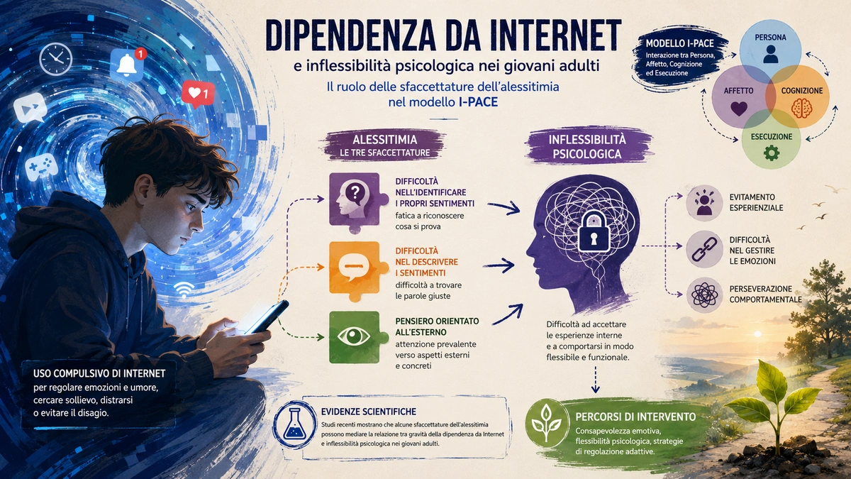 Giovane adulto davanti a uno schermo con rappresentazione delle emozioni e dei processi cognitivi associati all'uso problematico di Internet