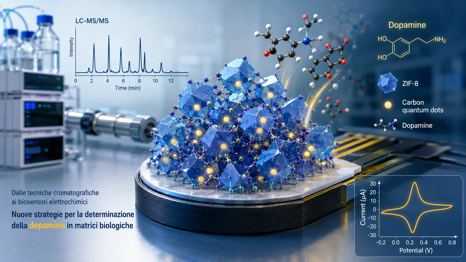 Biosensore elettrochimico CDs@ZIF-8 per la rilevazione della dopamina confrontato con la cromatografia liquida.