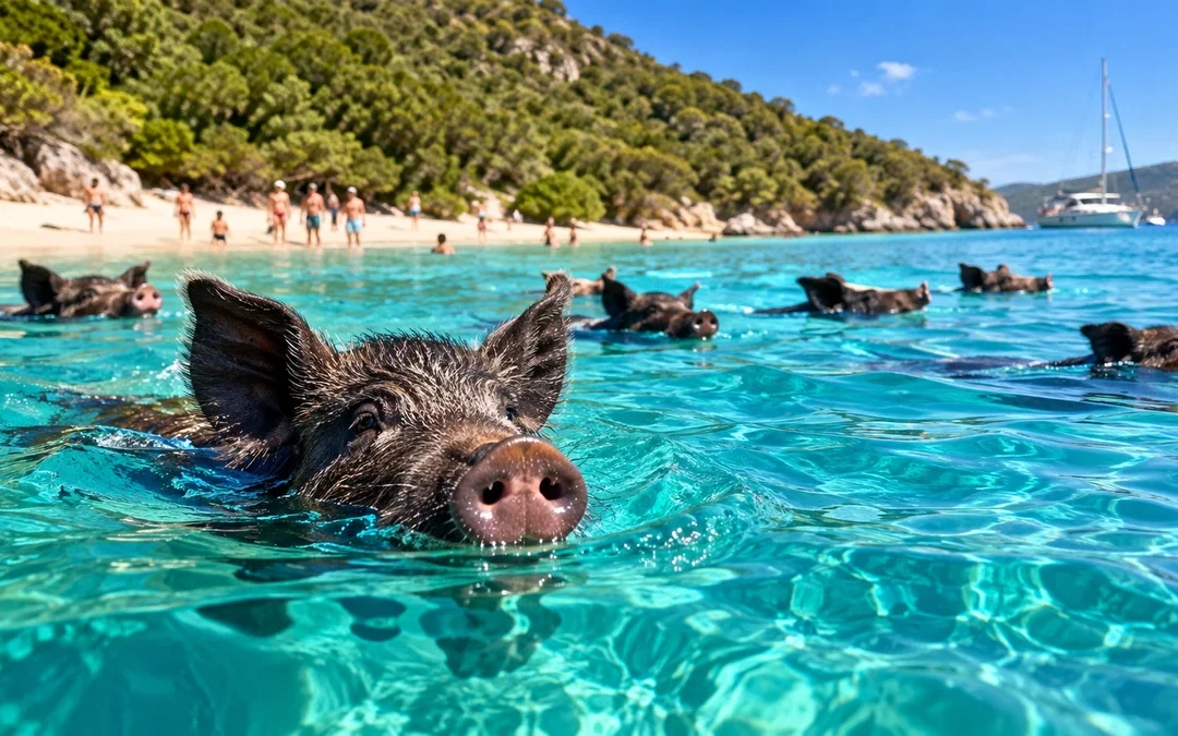 Maiali che entrano in mare vicino ai bagnanti, immagine rappresentativa dei possibili rischi microbiologici nelle acque ricreative