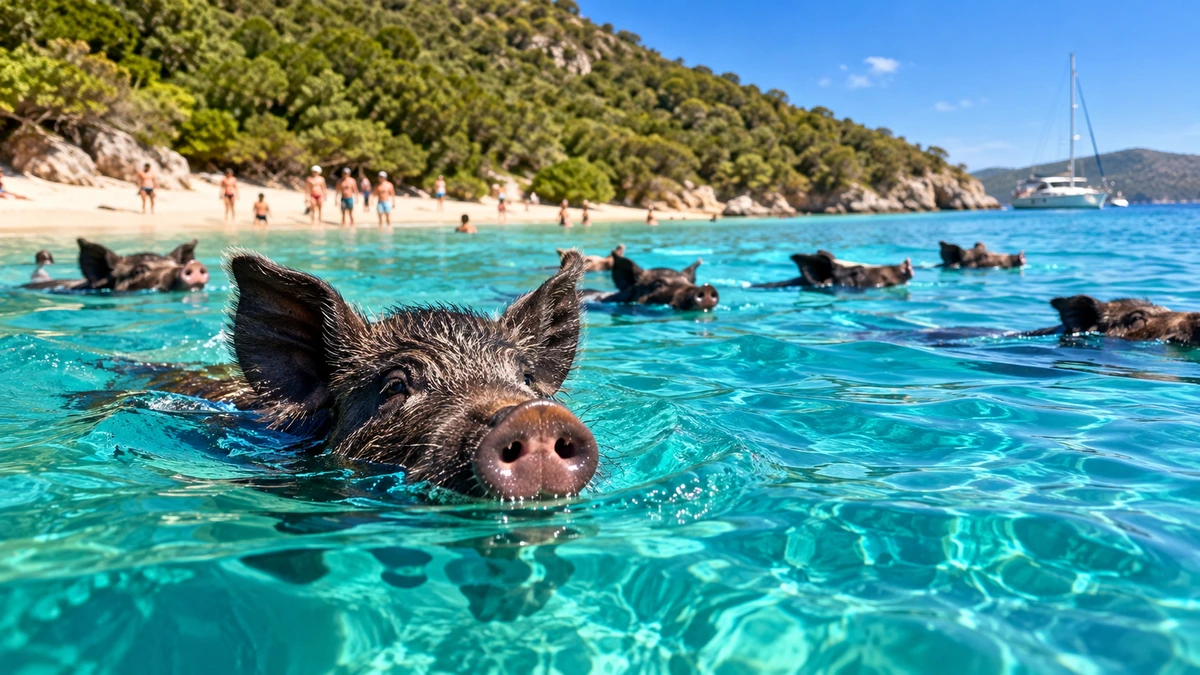 Maiali che entrano in mare vicino ai bagnanti, immagine rappresentativa dei possibili rischi microbiologici nelle acque ricreative