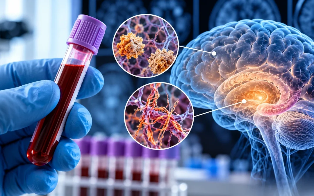 Prelievo di sangue e rappresentazione del cervello per l’analisi dei biomarcatori dell’Alzheimer