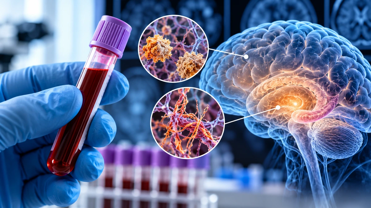 Prelievo di sangue e rappresentazione del cervello per l’analisi dei biomarcatori dell’Alzheimer