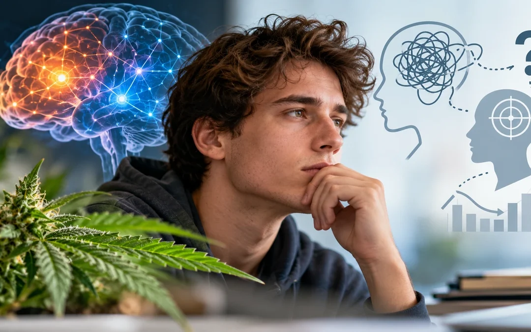 Giovane pensieroso con rappresentazione del cervello e della cannabis, per illustrare il rapporto tra ADHD, attenzione e funzioni cognitive.