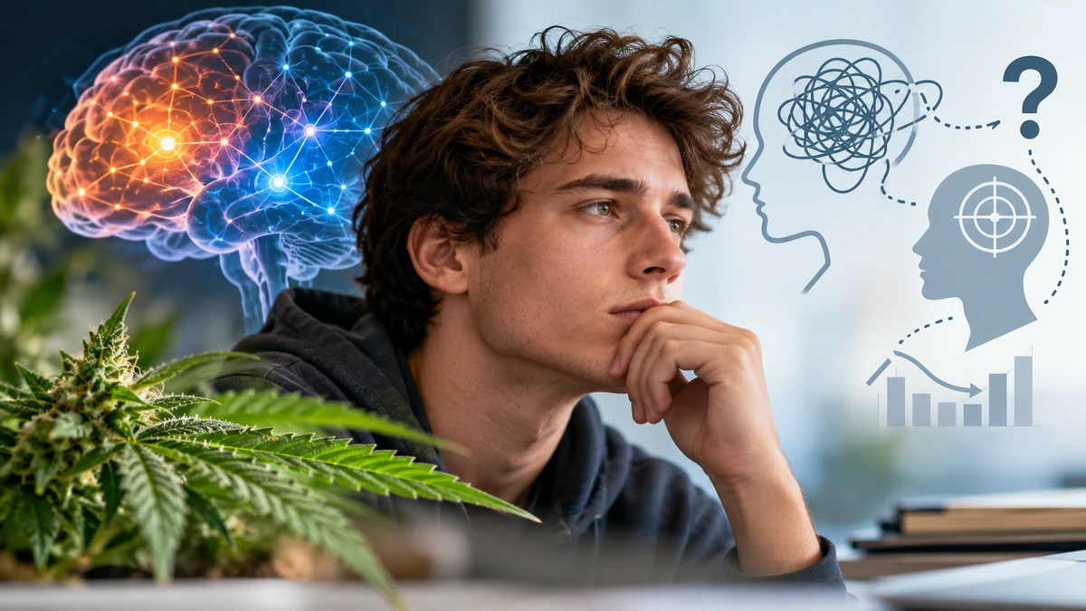 Giovane pensieroso con rappresentazione del cervello e della cannabis, per illustrare il rapporto tra ADHD, attenzione e funzioni cognitive.