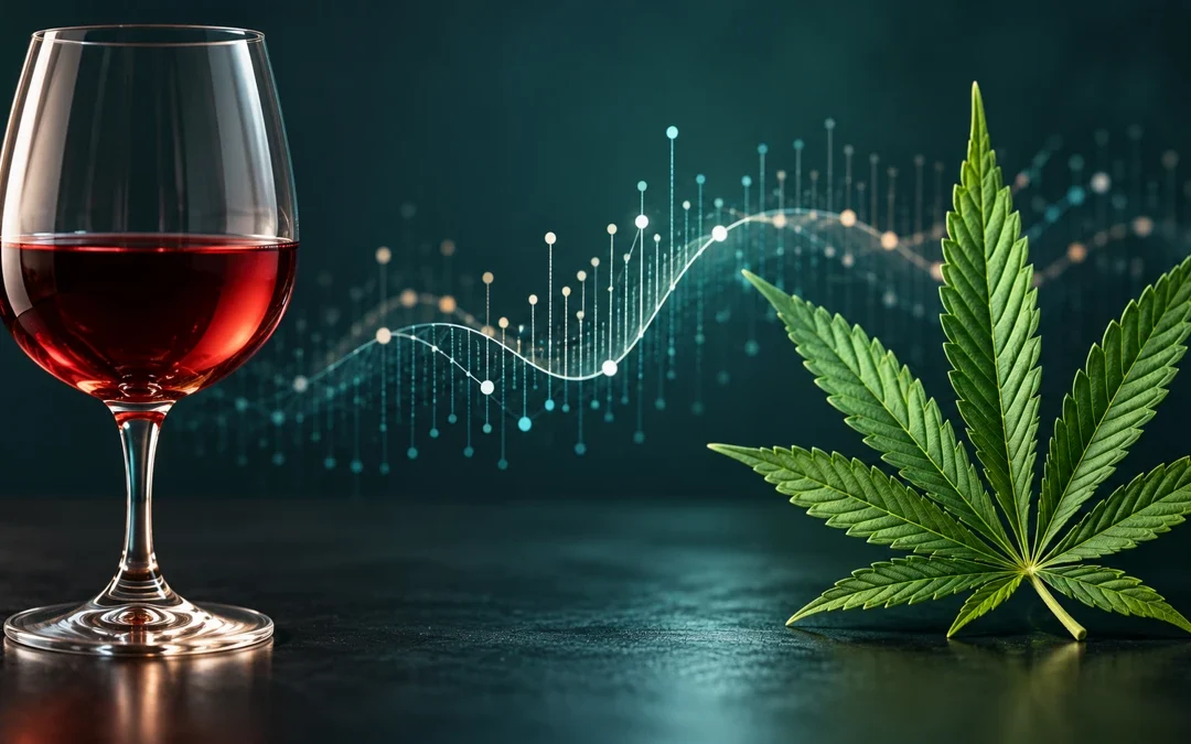 Bicchiere di vino e foglia di cannabis, rappresentazione del consumo combinato di alcol e cannabis.