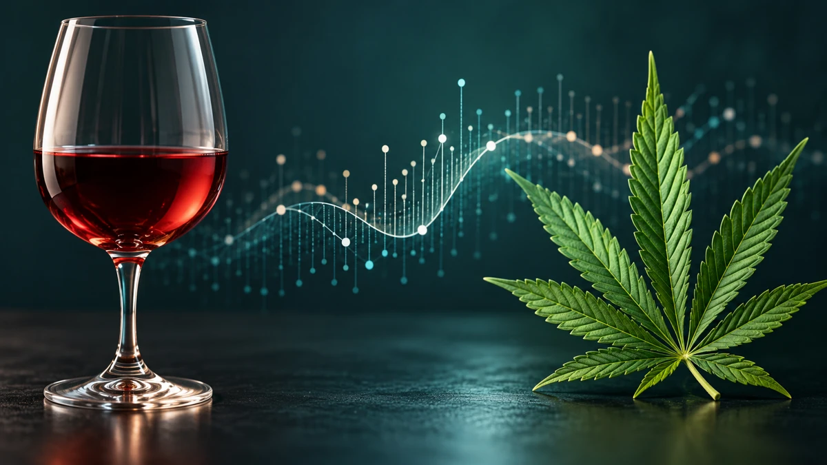 Bicchiere di vino e foglia di cannabis, rappresentazione del consumo combinato di alcol e cannabis.