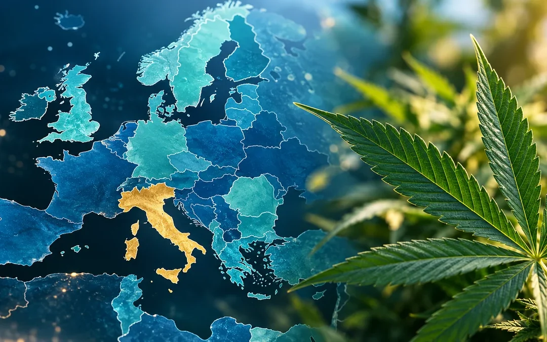 Mappa dell'Europa con l'Italia evidenziata e una foglia di cannabis, a illustrazione dei dati EUDA 2026 sul consumo.