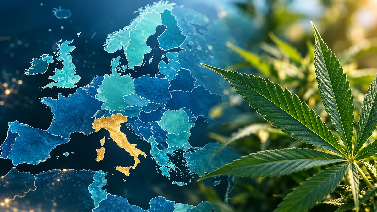 Mappa dell'Europa con l'Italia evidenziata e una foglia di cannabis, a illustrazione dei dati EUDA 2026 sul consumo.