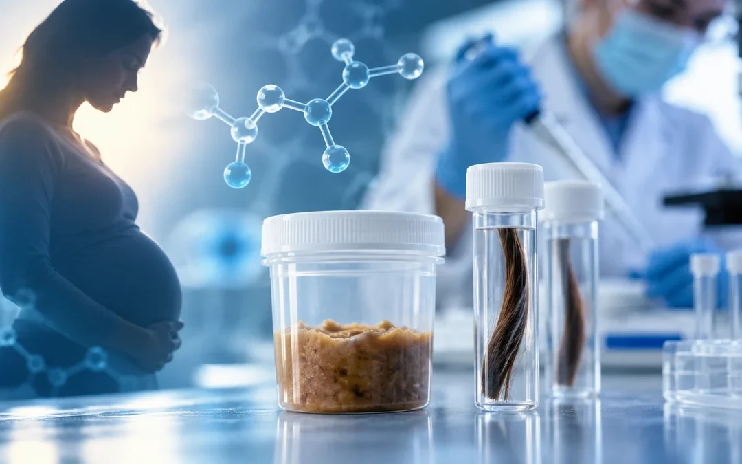 Illustrazione scientifica dell'analisi dell'etilglucuronide nel meconio neonatale e nei capelli materni per lo studio dell'esposizione prenatale all'alcol