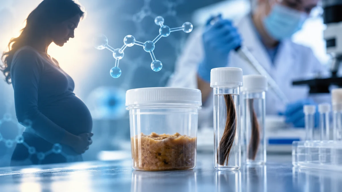 Illustrazione scientifica dell'analisi dell'etilglucuronide nel meconio neonatale e nei capelli materni per lo studio dell'esposizione prenatale all'alcol