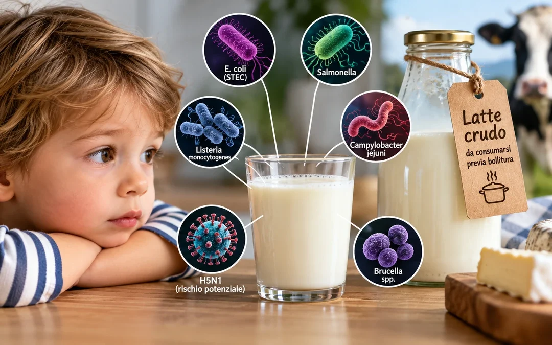Bambino davanti a un bicchiere di latte con rappresentazione simbolica dei rischi microbiologici del latte crudo