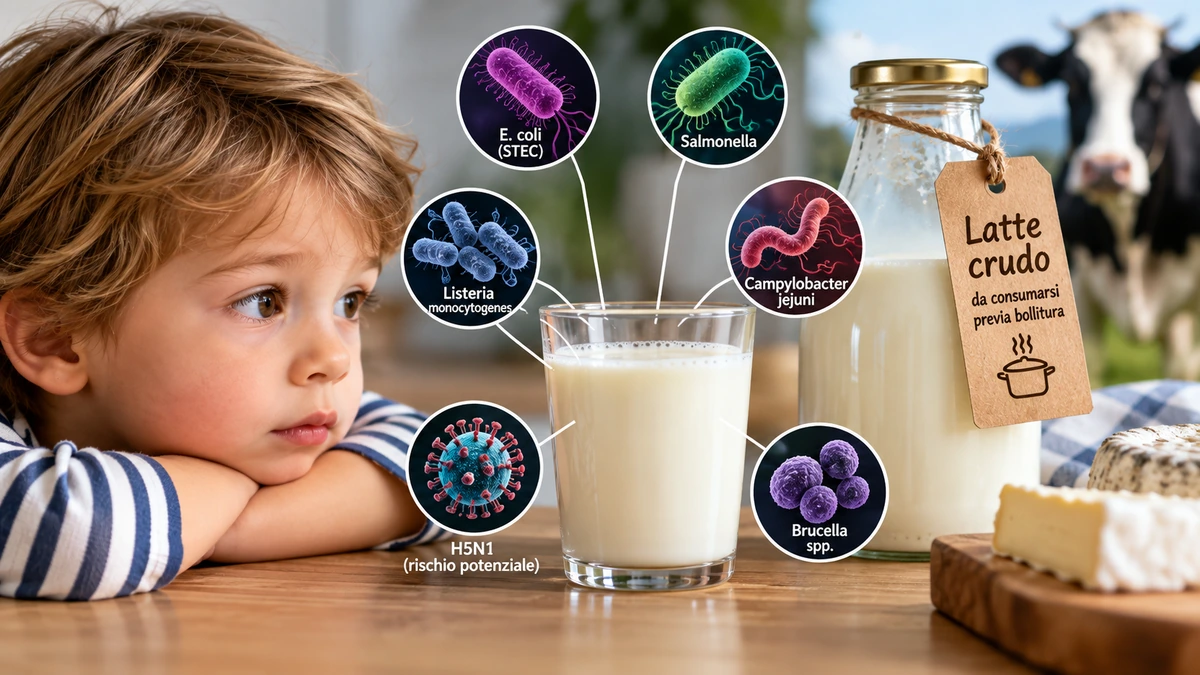 Bambino davanti a un bicchiere di latte con rappresentazione simbolica dei rischi microbiologici del latte crudo