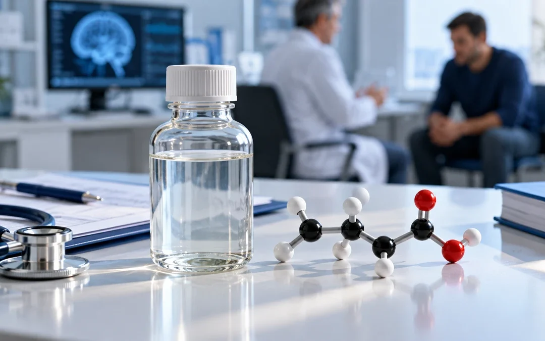 Flacone di medicinale e modello molecolare in un ambulatorio dedicato al trattamento della dipendenza da alcol.