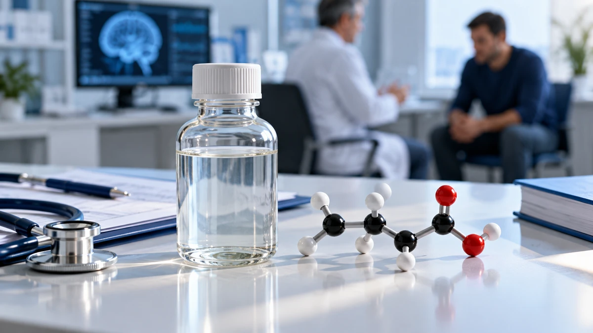 Flacone di medicinale e modello molecolare in un ambulatorio dedicato al trattamento della dipendenza da alcol.