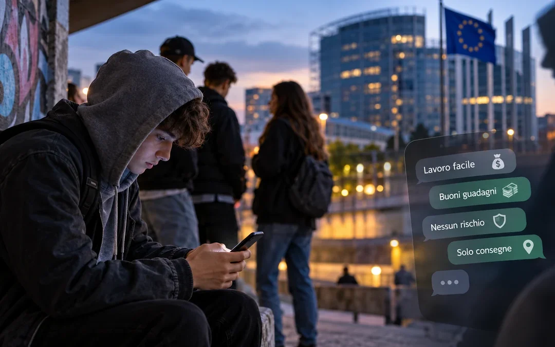 Giovani in un ambiente urbano europeo con riferimenti al rischio di reclutamento online da parte delle reti criminali.