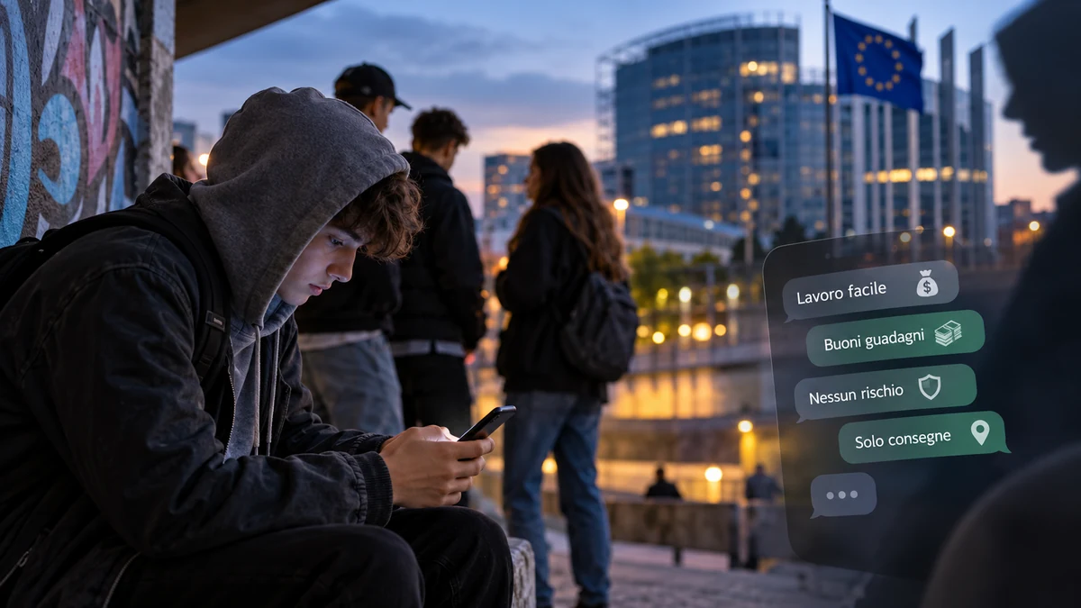Giovani in un ambiente urbano europeo con riferimenti al rischio di reclutamento online da parte delle reti criminali.