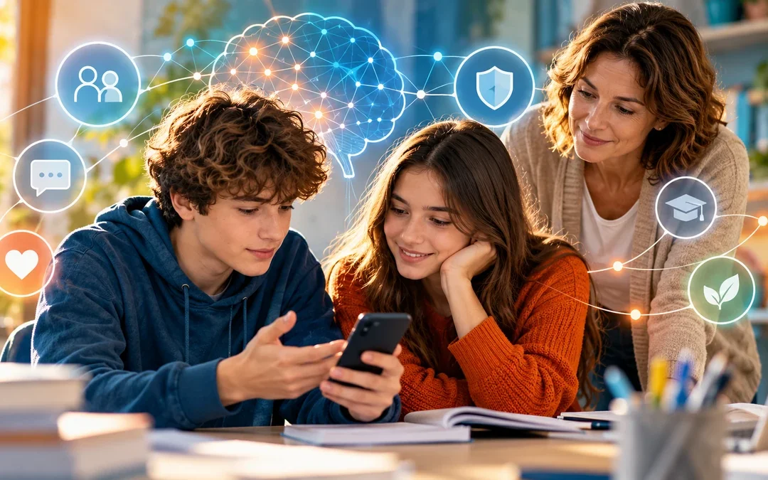 Due adolescenti e un'adulta osservano insieme uno smartphone, con simboli di protezione digitale e sviluppo del cervello.