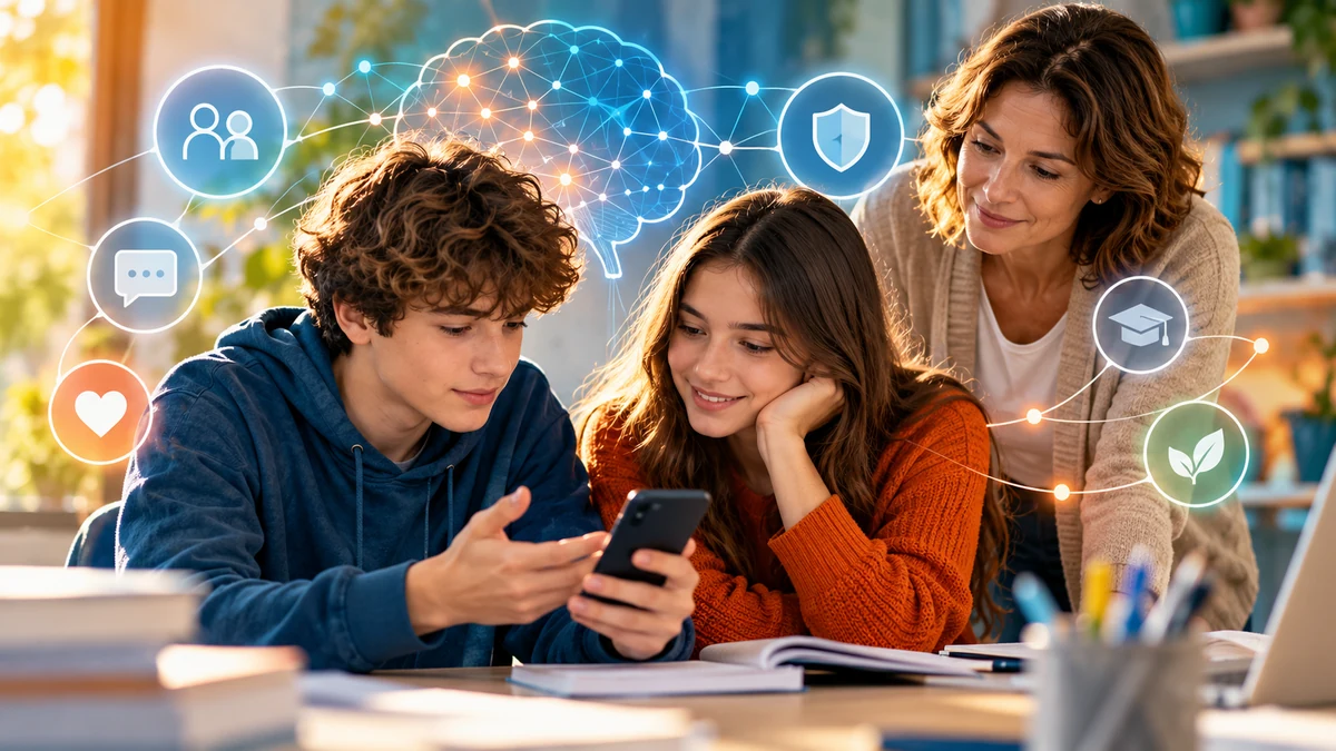 Due adolescenti e un'adulta osservano insieme uno smartphone, con simboli di protezione digitale e sviluppo del cervello.