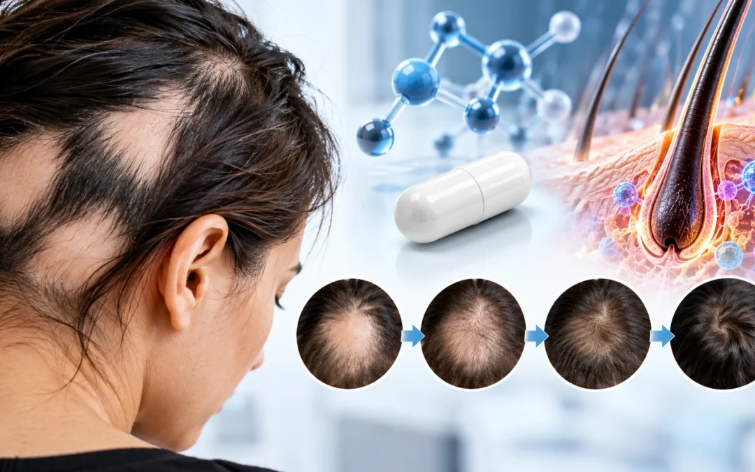 Persona con alopecia areata e rappresentazione della progressiva ricrescita dei capelli durante il trattamento
