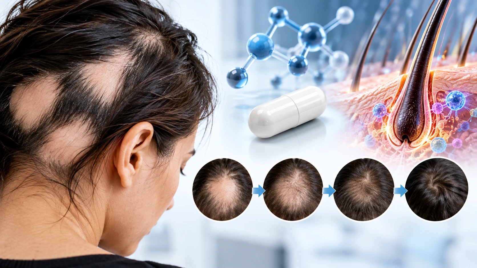 Persona con alopecia areata e rappresentazione della progressiva ricrescita dei capelli durante il trattamento