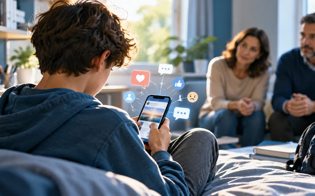 Adolescente che utilizza i social media mentre due adulti rappresentano la possibilità di ascolto e sostegno emotivo