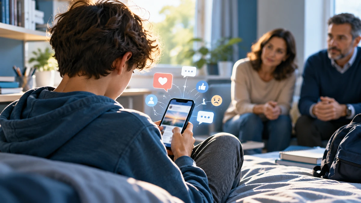 Adolescente che utilizza i social media mentre due adulti rappresentano la possibilità di ascolto e sostegno emotivo